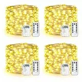 Qedertek Lichterkette Außen Batterie - 4 Stück 100 LED Silberdraht Micro Lichterkette Wasserdicht 10M Lichterkette Weihnachtsbaum Warmweiß mit Fernbedienung für Außen Innen Garten Hochzeit Balkon