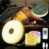 Yizhet 22m Camping Lichterkette Solar – Wiederaufladbare Aufrollbar Outdoor LED Lichterkette mit USB 9 Beleuchtungsmodi, wasserdicht, tragbar, perfekt für Camping und Garten(Warmweiß & Farbig)