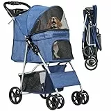 YITAHOME Haustierbuggy für mittelgroße Hunde, 4-Rad-Hundebuggy mit Aufbewahrungskorb, faltbarer Haustier-Reisewagen mit Getränkehalter und Aufbewahrungskorb (Blau)