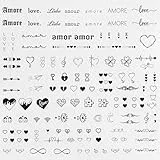 2 Blätter temporäre Tattoos, langanhaltend 2 Wochen, wasserfeste schwarze Fake Tattoos Herz für Finger, Arm, Hals & Gesicht, Klebetattoos ideal für Party, Halloween, Weihnachten