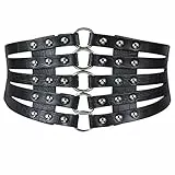 MEGAUK Damen Leder Gürtel Breit Nieten Gürtel Elastischer Taillen Gürtel Vintage Nietengürtel Hüftgürtel Bindegürtel Lolita Korsett mit Ring Schnalle Design (Schwarz+Silber)