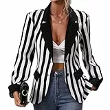 FYMNSI Damen Schwarz Wei� Gestreift Blazer Halloween Kost�m Fasching Party Cosplay Knopf Open Front Jacke Anzug Frauen Elegant Reverskragen Langarm Casual Business B�ro Arbeit Longblazer Schwarz S