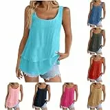 UHouse Top Damen Leinen Longtop Oversize Tanktop Sommer Trägershirt Ärmellose Shirt Leichte Sommertop Musselin Trägertop Locker Blusentop Unterhemd Y2k Strand Leinentop Party Longshirt Himmelblau XL