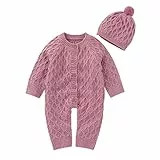 Haokaini 2pcs Neugeborenes Baby Strick Strampler Pullover mit Hut Schneeanzug Warm Jumpsuit Winter Overalls Mäntel Kleidung für Baby Mädchen Jungen Gr. 68, rose