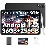 Blackview Mega2WiFi Tablet 12 Zoll Android 15 Tablet mit Stift, 36GB RAM + 256GB ROM(2TB TF), 2K 90Hz FHD+ Display, WiFi6, Octa-Core 2.0GHz, 9000mAh/16MP+8MP/Bluetooth 5.2/Widevine L1/Face ID/GMS