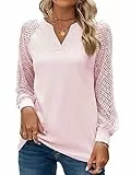 BAISHENGGT Baronin Tunika Damen V Ausschnitt T Shirt Raglan Spitzenärmel Bluse Shirts Lässige Elegante Streetwear Langarm Oberteil Tops Rosa S