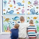 Fensterbilder Kinderzimmer Selbstklebend, SILARLAIT Fenstersticker Kinder Statisch & Doppelseitige & Wiederverwendbare, Ozean Fensteraufkleber Unterwasserwelt für Kinderzimmer, Bad & DIY-Dekoration