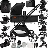 Reenborn Kinderwagen 3 in 1, Buggy mit Ein-Klick-Faltdesign, Kinderwagen mit Zwei Umkehrbaren Schiebemodi, Kombikinderwagen 3 in 1 Komplettset mit Rahmen Aluminiumlegierung (V10 Black)