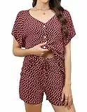Reliwel Schlafanzug Damen Kurz Rippen Pyjama Damen Baumwolle Sommer Shorty Nachtwäsche mit Knopfleiste Kurzarm V-Ausschnitt Zweiteiliger T Shirt Und Shorts mit Blumendruck Hausanzug Weinrot, XXL
