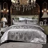 DXHOME Bettwäsche Satin 155x220 cm 3teilig Jacquard Silber Wendebettwäsche mit Dunkelgrün Blumen Romantisch Muster Reissverschluss Microfaser Seide Graue Bettbezug Muster Paare Set Ornamente