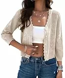 Kate Kasin Damen Bolero Festlich 3/4 Ärmel Jacke Elegant Cardigan Strickjacke Kurz Trachtenjacke Tops Brautjacke Jäckchen Oberteile Beige L