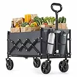 SONGMICS Kleiner Handwagen faltbar, Gartenwagen, kompakt, mit Griff, mit 4 verstärkten Rollen, Davon 2 Universalräder, bis 180 kg belastbar, Outdoor, Garten, 90 L, schiefergrau GFW909G01