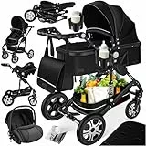 KESSER® Loops 4 in 1 Kinderwagen Kombikinderwagen Komplett-Set inkl. Babywanne & Buggy Sportsitz & Auto-Babyschale Voll-Gummireifen Wickeltasche Regenschutz Kindertisch ECE R129, Schwarz/Schwarz
