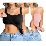 UHouse 3 Pack Tops für Damen Top mit Integriertem BH Trägertop mit Spitze Tank Top Sport Tanktop Rückenfrei Unterhemden Sommer Gym Oberteil Yoga Sporttop Spaghetti Damentop Schwarz Weiß Rosa XL