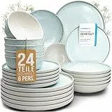 Steingut Geschirrset 6 Personen Ibiza 24 tlg. TESTSIEGER, Traumhaftes Mediterranes Steingut Geschirr Set, Schüssel- und Teller Set, Tafelservice 6 Personen, Geschirrsets Pure Living in Blau-Beige