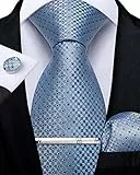 DiBanGu Herren Blaue Krawatte für Hochzeit Formelle Seide hellblau karierte Krawatte und Einstecktuch Krawattenklammer mit Manschettenknöpfen Geschenkbox-Set