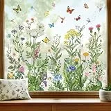 wondever Fenstersticker Frühling Wildblumen Fenster Aufkleber Vintage Blumen Gras Schmetterling Fensterbilder Fensteraufkleber Anti-Kollision Doppelseitig Glasaufkleber Glas Deko