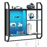 Bestier Hängendes Küchenregal, 84cm mit LED-Beleuchtung, Wandregal mit 4 verstellbaren Glasböden für Küche, Wohnzimmer, Bar, Bücherregal & Gaming-Zimmer, Inkl. 6 S-Haken, Schwarz