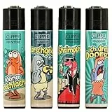 Clipper Feuerzeuge 4er Set Nachfüllbar & Wiederverwendbar Buntes Design Perfekt für unterwegs & Zuhause (Fechlachs)