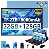 Tablet 10 Zoll Android,Tablets mit Tastatur, Octa-Core 2.0Ghz, 5G+2.4G WLAN, 22GB RAM+128GB ROM TF 1TB, 8000mAh, BT 5.0, GPS, Widevine L1, Gesichtserkennung, 1280*800, 8+5MP, Tablet mit Maus, Blau