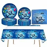Game On Partygeschirr Set,Game On Geburtstag Deko Mit Teller, Partygeschirr geburtstag Dekoration, Partydekoration Geschirr Party Supplies Set (blau schwarz)