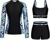 Kate Kasin Damen Schwimmanzug 3-Teilig Langarm Reißverschluss Jacke Gepolsterter Sport-BH Badehose Bademode Surfbekleidung Schwarzblaues Blatt XXL