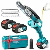 SEESII Akku Kettensäge 8 Zoll, Mini Kettensäge mit Akku 2x4000 mAh mit Ölsystem und Ersatzkette, Astsäge Akku Für Gartenarbeit und Brennholz, CH820+
