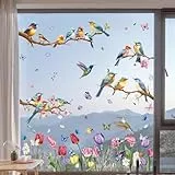 Hianjoo Fensterbilder Frühling Deko Selbstklebend, Vogel Blumen Aufkleber Fenster Fensterbilder Kinder, Fenstersticker Fensterfolie Wiederverwendbar für Fensterdeko