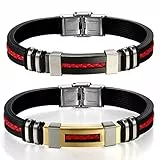 JewelryWe Schmuck 2pcs Herren Armband, Klassisch Edelstahl Schwarz Kautschuk Armreif Armschmuck mit Rot Geflochten Leder Seil, 2 Modellen
