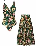 GRACE KARIN Damen Monokini, V-Ausschnitt mit Blumenprint, 2-teiliges Badeanzug-Set mit Schwimmrock und Tummy Control Grün XL