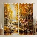 feelingyou Cute Deer Fenster Vorhang Set von 2 Panels,Elk Wildlife Tiere Fenster Vorhänge,Rustikale Dschungel Ahorn Blätter Vorhänge für Kinder Erwachsene Schlafzimmer Dekor,Gelb Braun XXL Größe