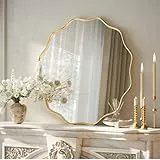 Koonmi großer runder Spiegel mit gewellter Kante, 50 cm Wandspiegel mit Strukturiertem Metallrahmen, zum Aufhängen oder Anstellen an die Wand, für Badezimmer, Eingangsbereich, Wohnzimmer, Gold