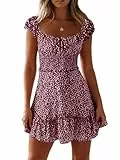 Cicy Bell Damen Sexy Blumendruck Mini Kleid Smocked Rüsche Boho Kleider Tie Front Sommerkleid Weinrot S