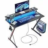 BEXEVUE Gaming Schreibtisch mit Steckdosenleiste LED – 100x50 cm Ergonomic Computer Gamer Tisch, Großer PC Monitorständer, Moderner X Rahmen, Kopfhörerhaken, Studium Arbeit Zuhause Schlafzimmer