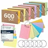 Siumir 600 Stücke Karteikarten, Doppelseitiger Druck, A8 Lernkarten, mit Krafteinband und Loseblattring, Sechsfarbige Linierte Karteikarte, geeignet für Büros & Wohnungen & Schulen (7.4 x 5.2 cm)