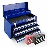 Arebos Werkzeugkoffer mit 3 Schubladen & 2 Ablagefächern 52 x 22 x 30,5 cm | Werkzeugkasten abschließbar | Werkzeugbox inkl. Tragegriff & Schnappverschlüssen | Antirutschmatten | Blau