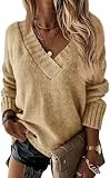 Wenrine Damen Pullover Winter Langarm V-Ausschnitt Strickpullover Sexy Lose Einfarbig(Khaki,S)