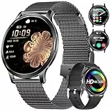 HIRREO Smartwatch Damen Telefonischer Anruf Dünner 1.32' HD AMOLED Touchscreen Smartwatch Damen Schwarz Kompatibilität iOS Android,2 Armbändern,100+ Sportmodi/Kalorie/Schlaf/Menstruationszyklus