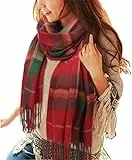 Tuopuda Damen Schal Kariert Pashmina XXL Stolen übergroßer Herbstschal Winterschal Karo Tartan Schultertuch Plaid Deckenschal Modeschal Weicher Warmer Oversized Fransen, Rot + Grün, Einheitsgröße