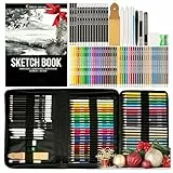Zenacolor 74-teiliges professionelles Zeichenstifte Set, Federmappe mit 24 Wasserfarb-Malstiften, 12 Buntstifte, 12 metallische Malstifte, 12 Bleistifte und Zubehör - 1 Skizzenbuch