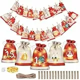 Adventskalender Tüten zum Befüllen Stoff Weihnachtskalender 2025: Bonus LED 24 Säckchen zum Befüllen DIY Adventskalender Selber Basteln Jutesäckchen Stoffsäckchen, Tüten Weihnachten Nikolaus Säckchen