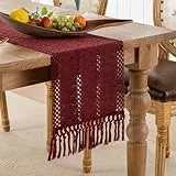 Serento Tischläufer Burgunder Rot mit Quasten Makramee Tischläufer Landhausstil 30x180cm Rustikale Boho Tischdeko Bauernhaus für Urlaub Party Hochzeit