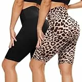 CAMPSNAIL 2er Pack Radlerhosen Damen Kurze Sporthose Sport Yoga Gym Biker Shorts Leggings Knielang High Waist Sommer Elastisch Blickdicht Schwarz & Leopard,L-XL