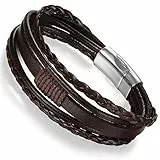 Flongo Herren Lederarmband Echtleder Armreif Manschette Geflochten Leder Surfer Armband mit Magnet Verschluss Damen Jungen Männer braun