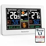 Newentor Wetterstation Funk mit Außensensor - Funkwetterstation mit Wettervorhersage, Temperaturwarnung, DCF Funkuhr - Batteriebetrieb und Netzbetrieb, Weiß, 1 Außensensoren