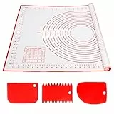 Alyvisun Silikon Backmatte mit 3 Teigschaber, 70x50 cm Backzubehör Antihafte Backunterlage mit Messung Rutschfeste Silikonmatte Wiederverwendbar Backblech für Fondant, Pizza, Teig (Rot)
