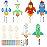 Tikplus Windspiel Bastelset Raketen, Kinder Holzbastelsets, 12 Stück Klangspiele Holz zum Bemalen, Kreative Weltraum Spielzeug, Rakete Garten Deko für Junge Mädchen handwerk, Kindergeburtstag