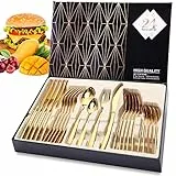 Golden 24tlg Besteck Set, Edelstahl Besteckset für 6 Personen mit Geschenkbox, Messer und Gabel Set, Tafelbesteck, Geschenkset Polieren von Spiegeln und Spülmaschinenfest