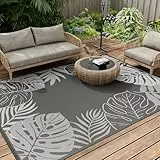 SIXHOME Outdoor Teppich Wetterfest 150 * 240cm, Balkon Teppich mit Modernem Pflanzen, Picknickdecke Muster Waschbarer Carpet für Garten Balkon Terrasse Camping, Grau und Weiß