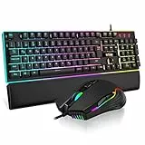 RedThunder K10 Gaming Tastatur und Maus Set, QWERTZ DE-Layout, Metallplatte und Handballenauflager,RGB-Hintergrundbeleuchtung und 7D mit Ergonomische für PC Gamer(Schwarz)